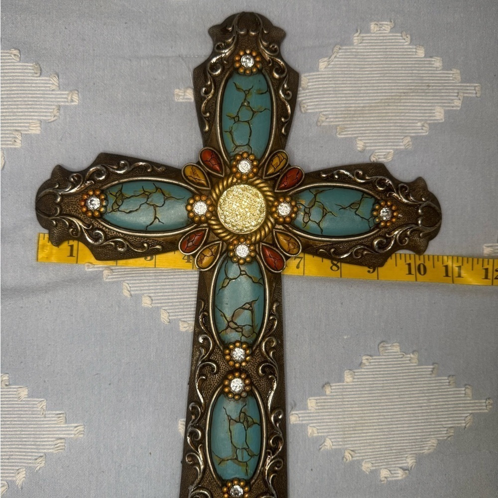 Turquoise Wall Cross Rhinestones Antique Silver Tone  18". - Picture 8 of 11